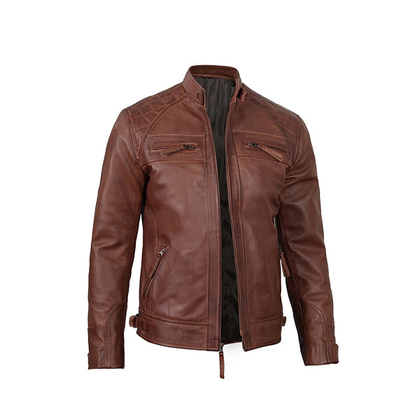 Men's Brown Cafe Racer Diamond Quilted Leather Jacket