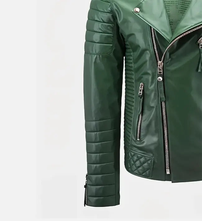 Men's Green Moto Biker Slim Fit Leather Jacket