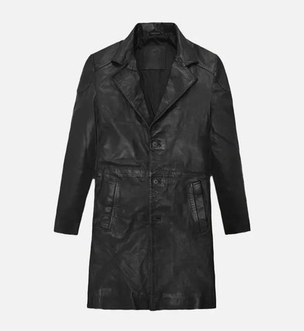 Men's Black Asymmetrical Leather Long Coat