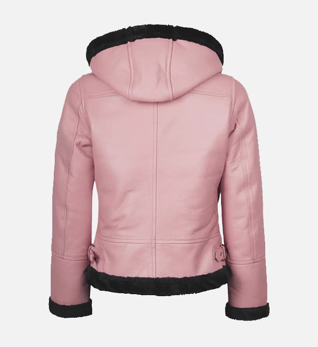 Women's Pink Leather Hooded Shearling Jacket