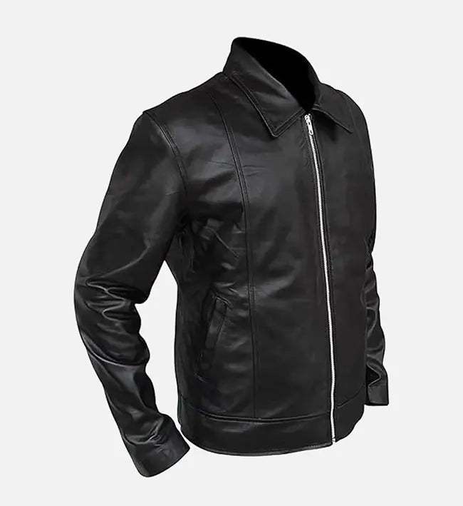 Men’s Vintage Shirt Collar Black Leather Jacket