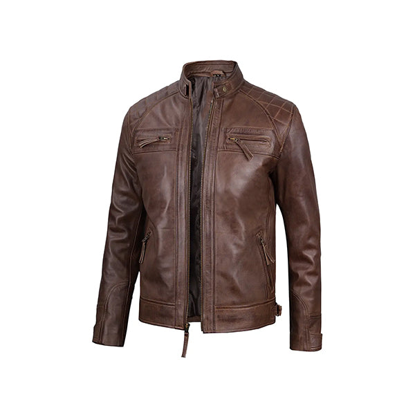 Men’s Diamond Shoulder Style Brown Biker Leather Jacket