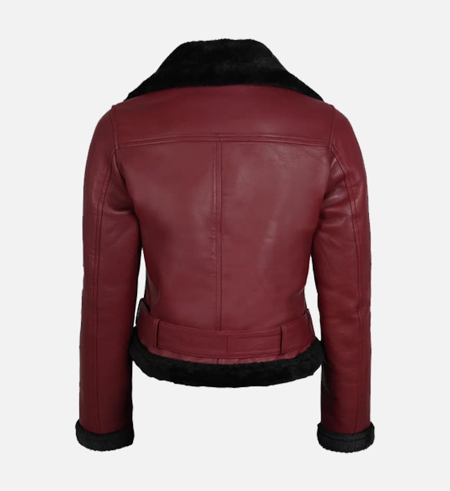 Women's Maroon and Black Biker Shearling Leather Jacket