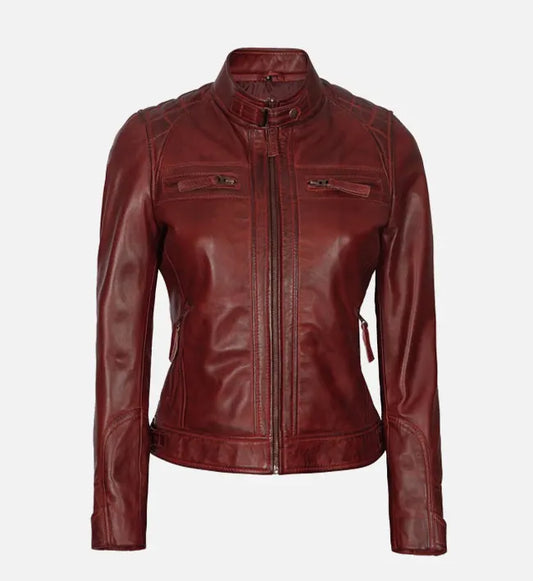 womens maroon quilted cafe racer leather jacket
