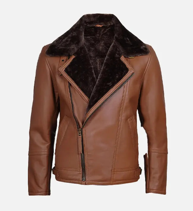 Men's Cognac Leather Shearling Moto Jacket