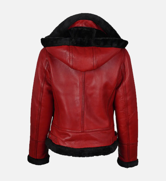 Women's Red Bomber Shearling Leather Jacket with Hood