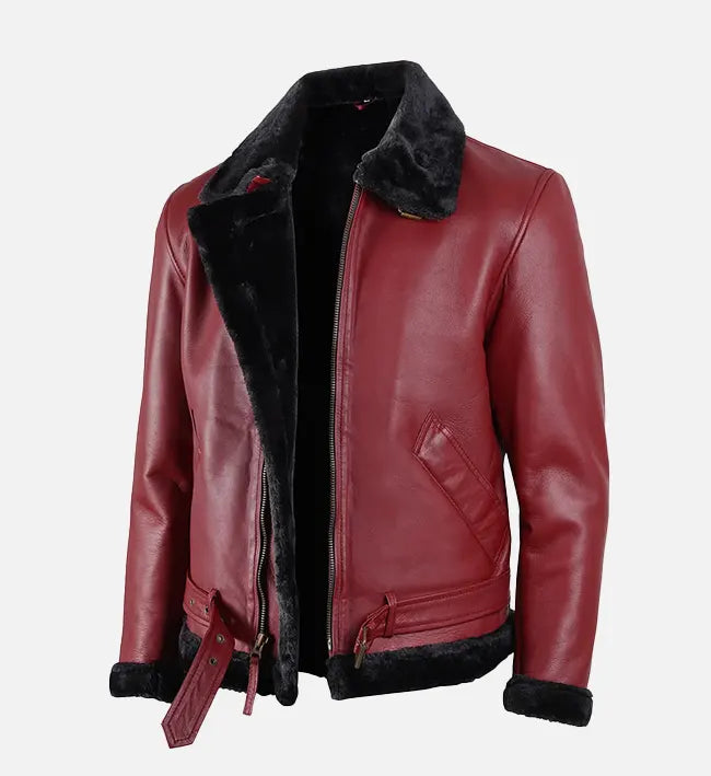 Men's Maroon Leather Shearling Bomber Jacket