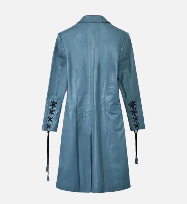 Women's Sapphire Blue Leather Long Coat