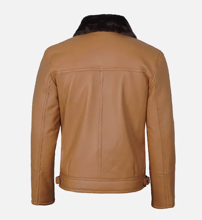 Men's Camel Brown Shearling Leather Moto Jacket