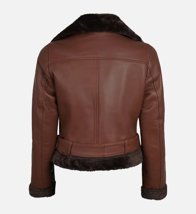 Women's Cognac Biker Shearling Leather Jacket