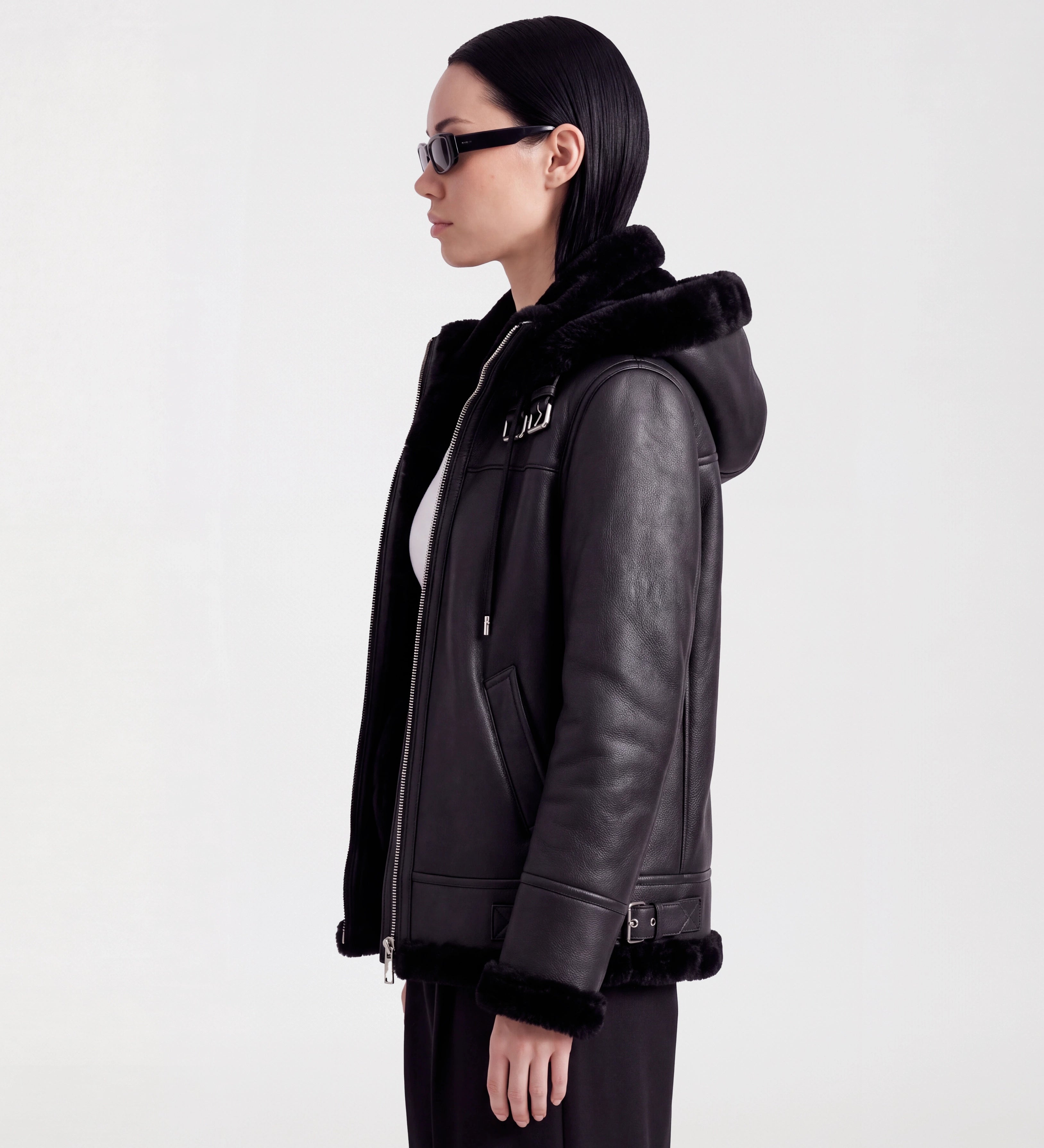Women Black Leather Hooded Shearling Jacket
