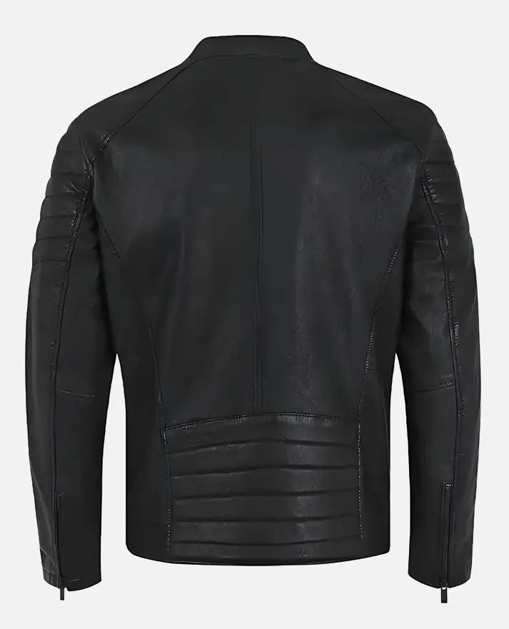 Men’s Quilted Shoulder Black Cafe Racer Leather Jacket