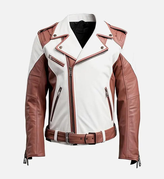 Men's Rosy Brown and White Biker Leather Jacket