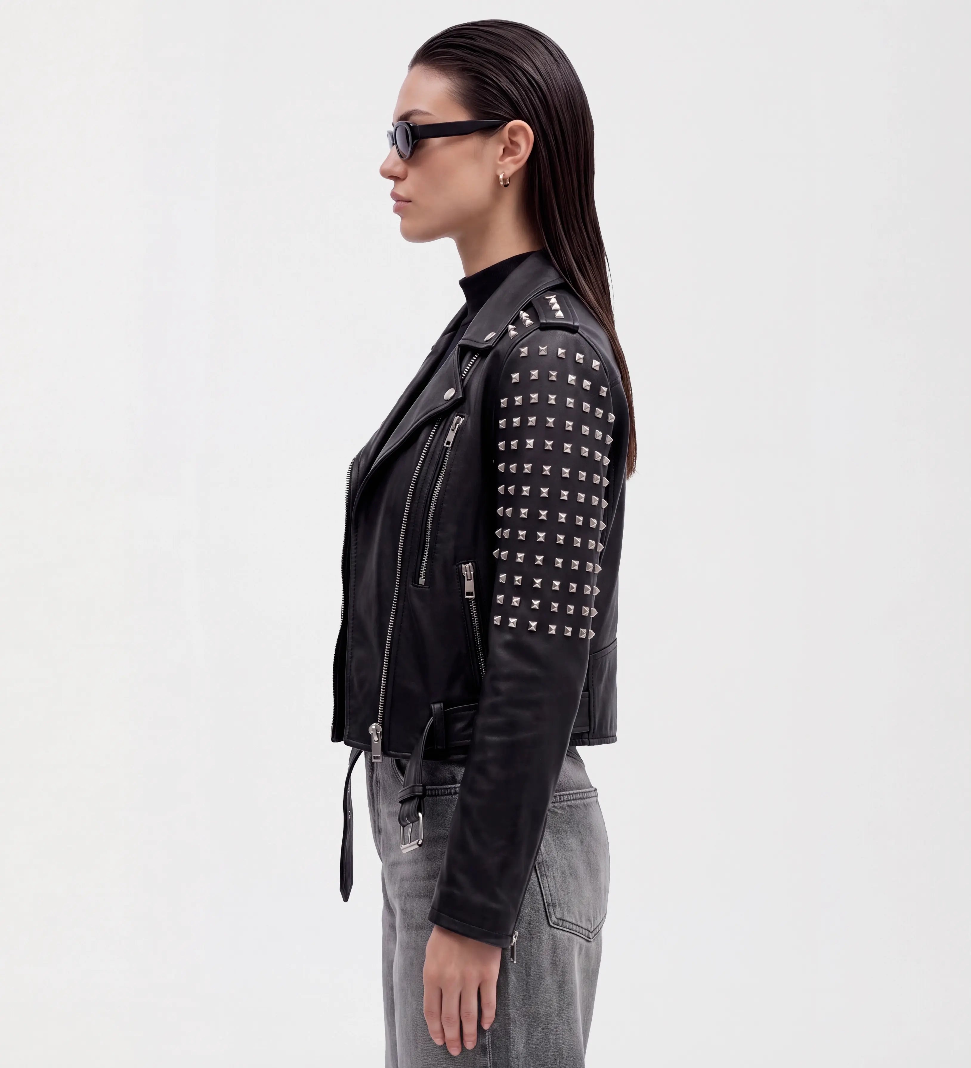 Women Stud Biker Black Leather Jacket