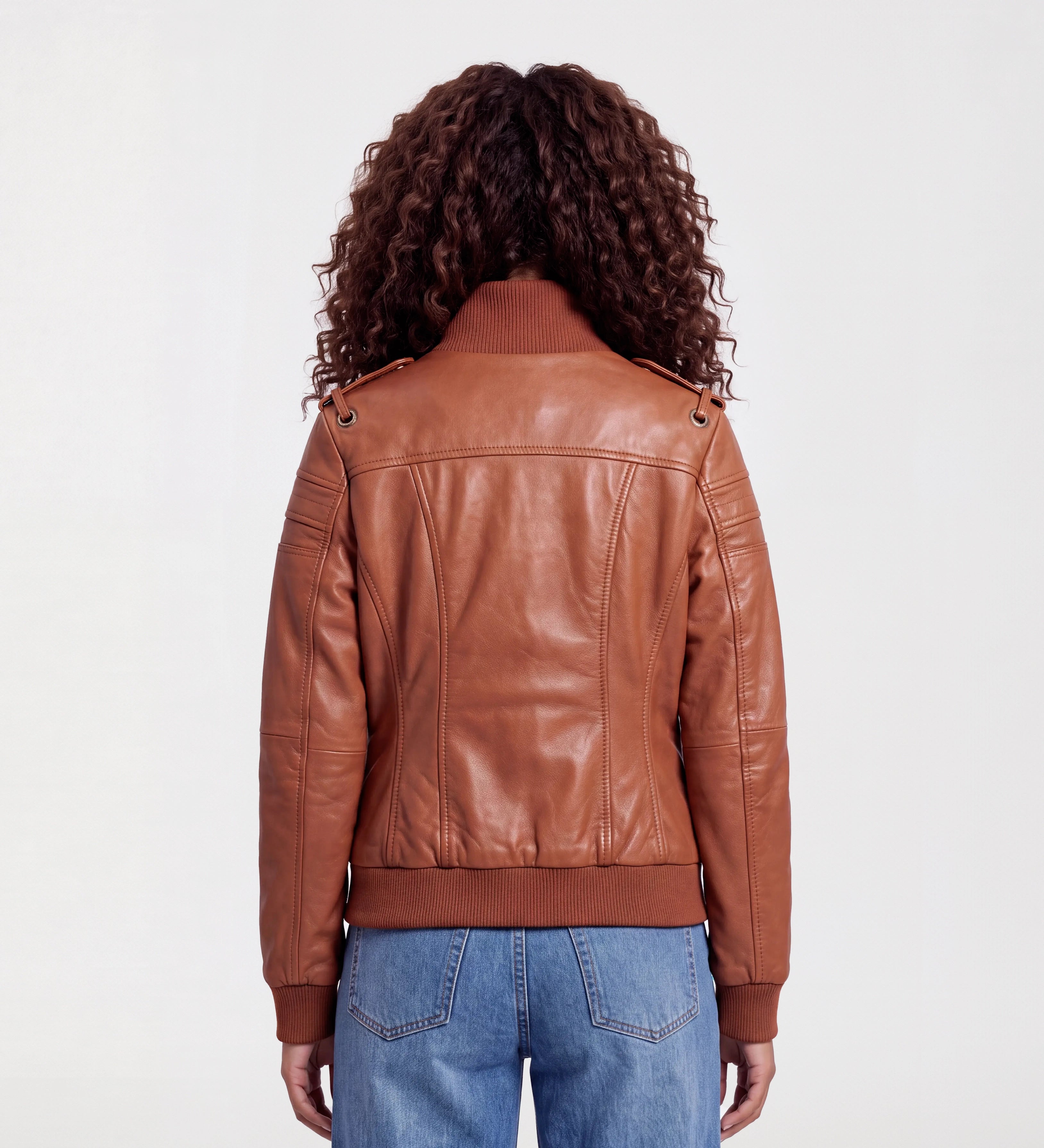 Women Brown Leather Bomber Jacket