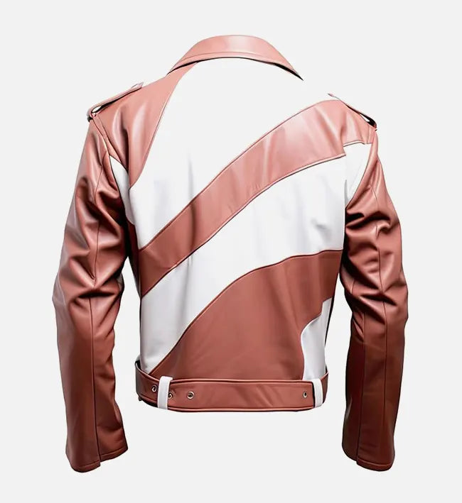 Men's White and Rosy Brown Biker Leather Jacket