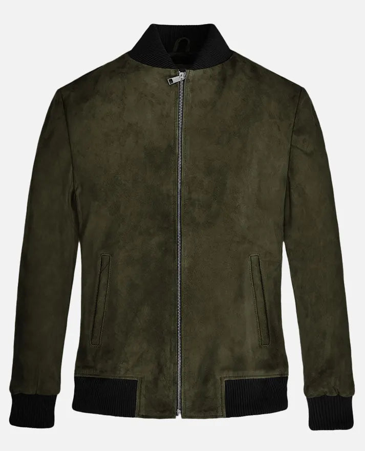 Men's Olive Green Suede Bomber Jacket