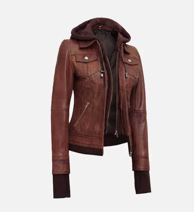 Women's Dark Brown Leather Jacket With Removable Hood