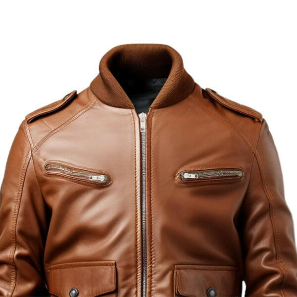 Men's Brown Leather Strap Pocket Style Bomber Jacket