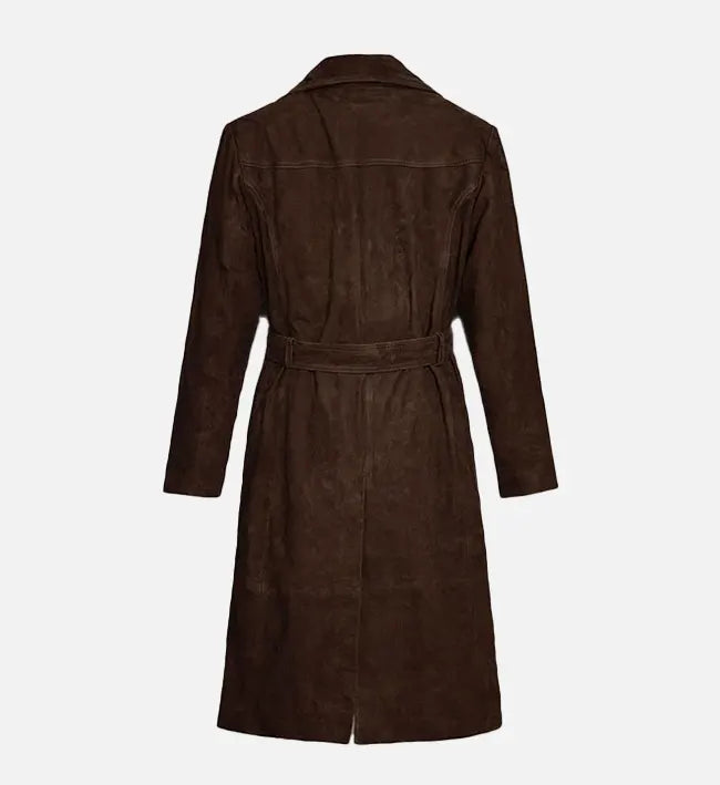 Women's Dark Brown Suede Leather Long Coat