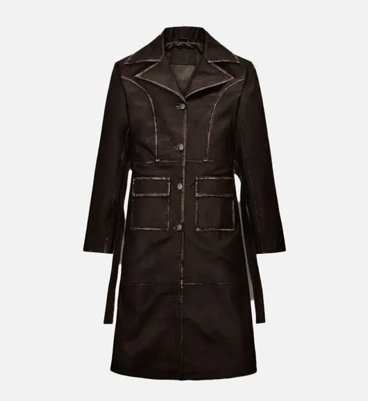 Women's Rubbed Dark Brown Leather Long Coat