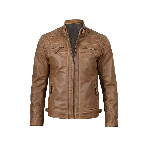 Men's Cafe Racer Camel Brown Leather Jacket