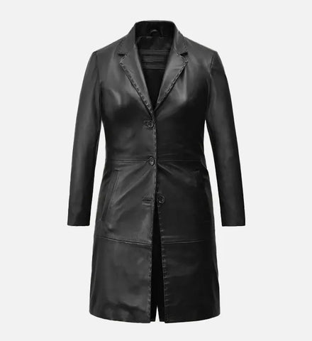 Women's Black Leather Long Coat