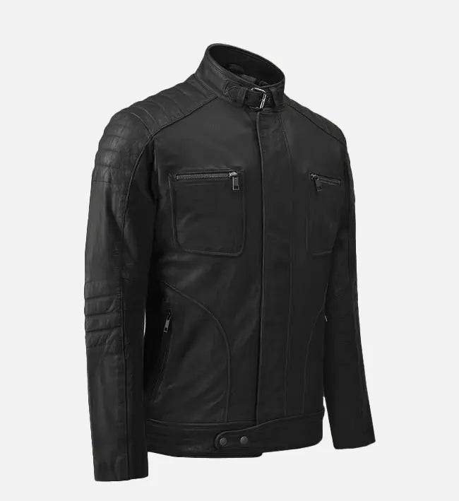 Men’s Quilted Shoulder Black Cafe Racer Leather Jacket