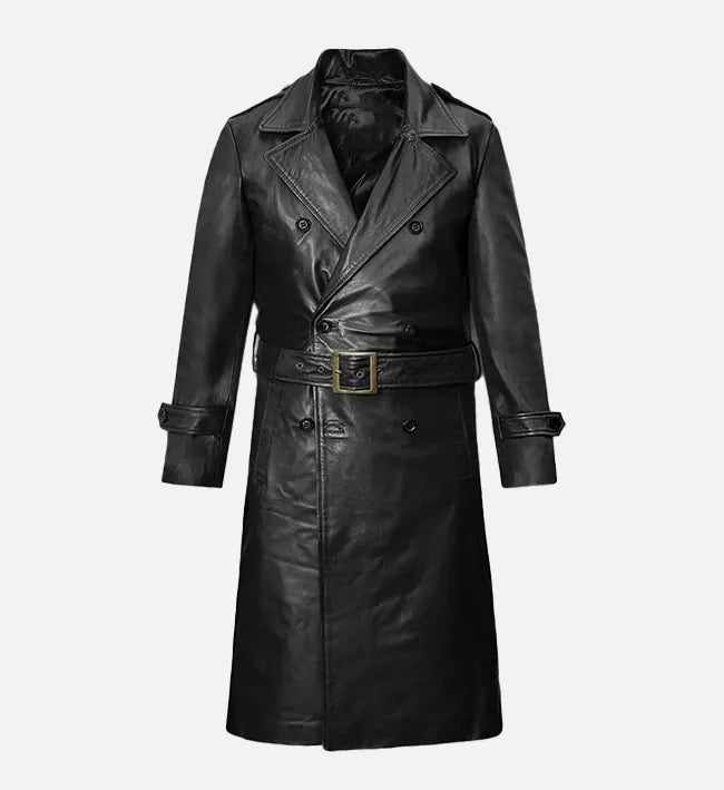 Men's Black Leather Long Coat