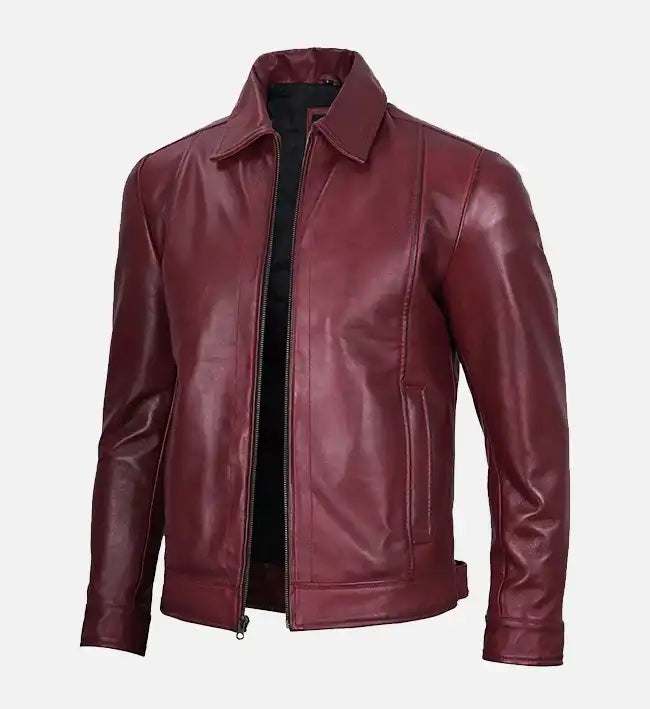 Men's Classic Shirt Collar Maroon Leather Jacket