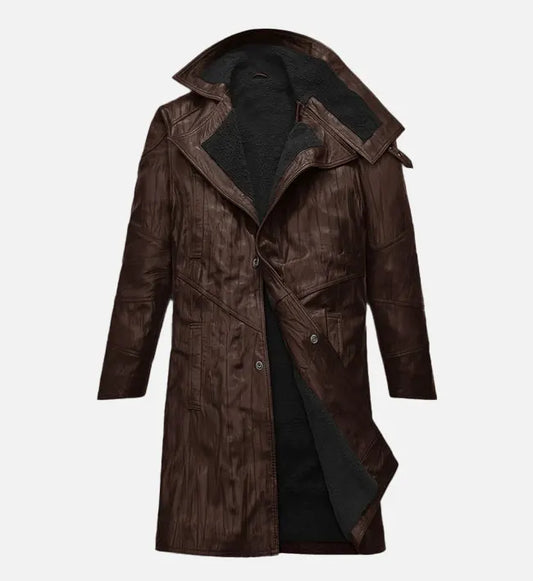 Men's Wrinkled Brown Leather Long Coat