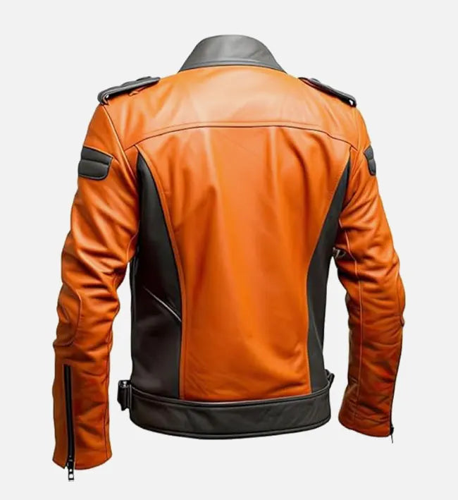 Men's Orange White Biker Leather Jacket