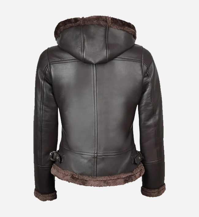 Women's Dark Brown Leather Hooded Shearling Jacket