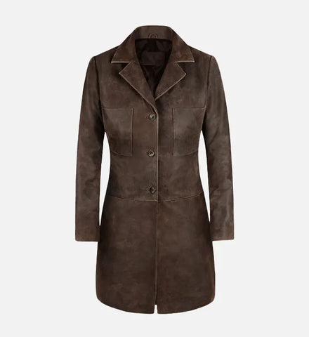 Women's Distressed Brown Leather Trench Coat