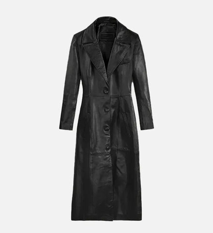 Women's 1980's Black Leather Long Coat