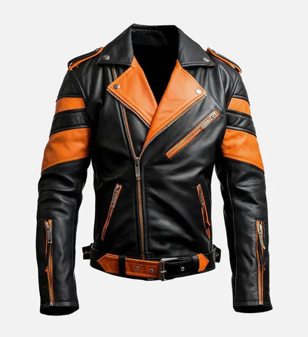 Men’s Stylish Orange Black Biker Leather Jacket