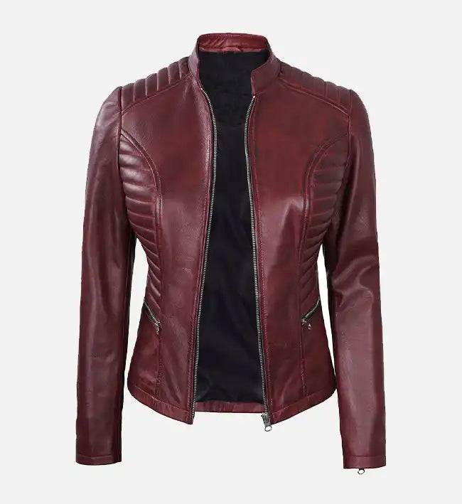 womens maroon leather cafe racer jacket