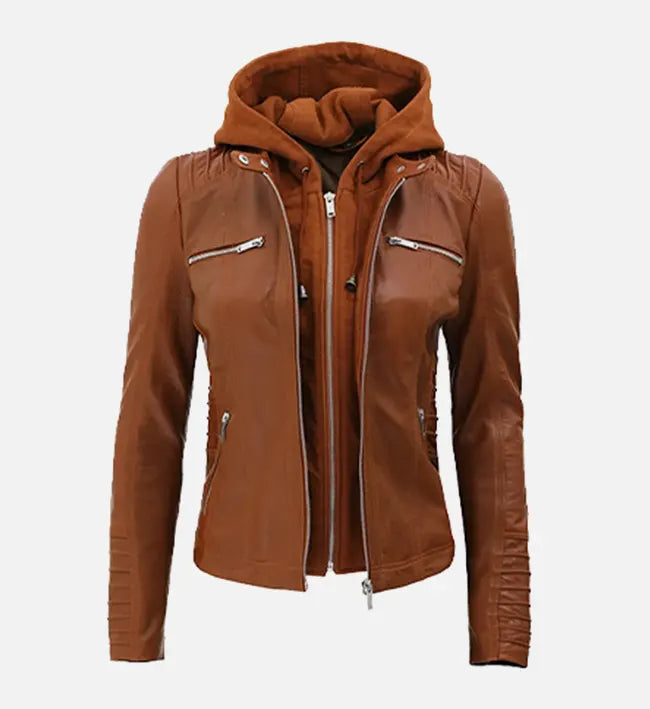 Women's Cognac Slim Fit Leather Jacket With Removable Hood