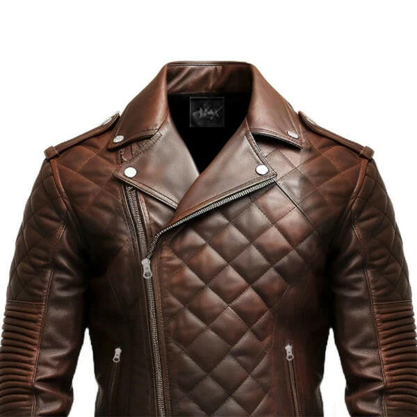 Men's Quilted Biker Brown Leather Jacket