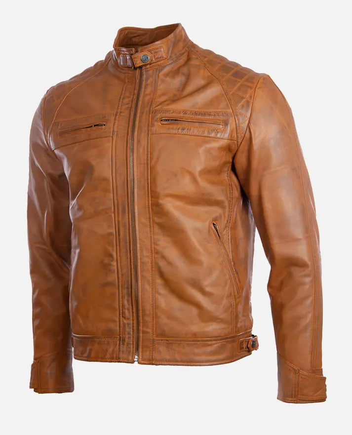 Men’s Quilted Shoulder Tan Cafe Racer Leather Jacket