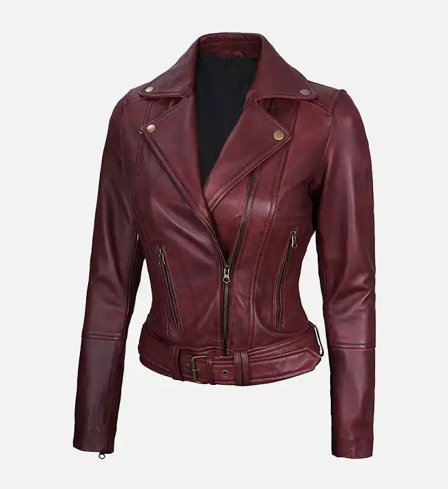 Women's Maroon Leather Asymmetrical Motorcycle Jacket