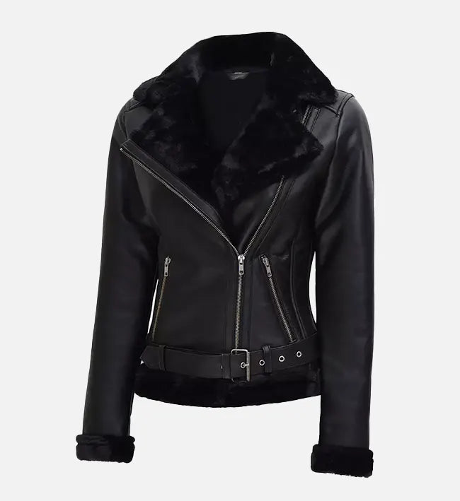 Women's Black Leather Shearling Moto Jacket