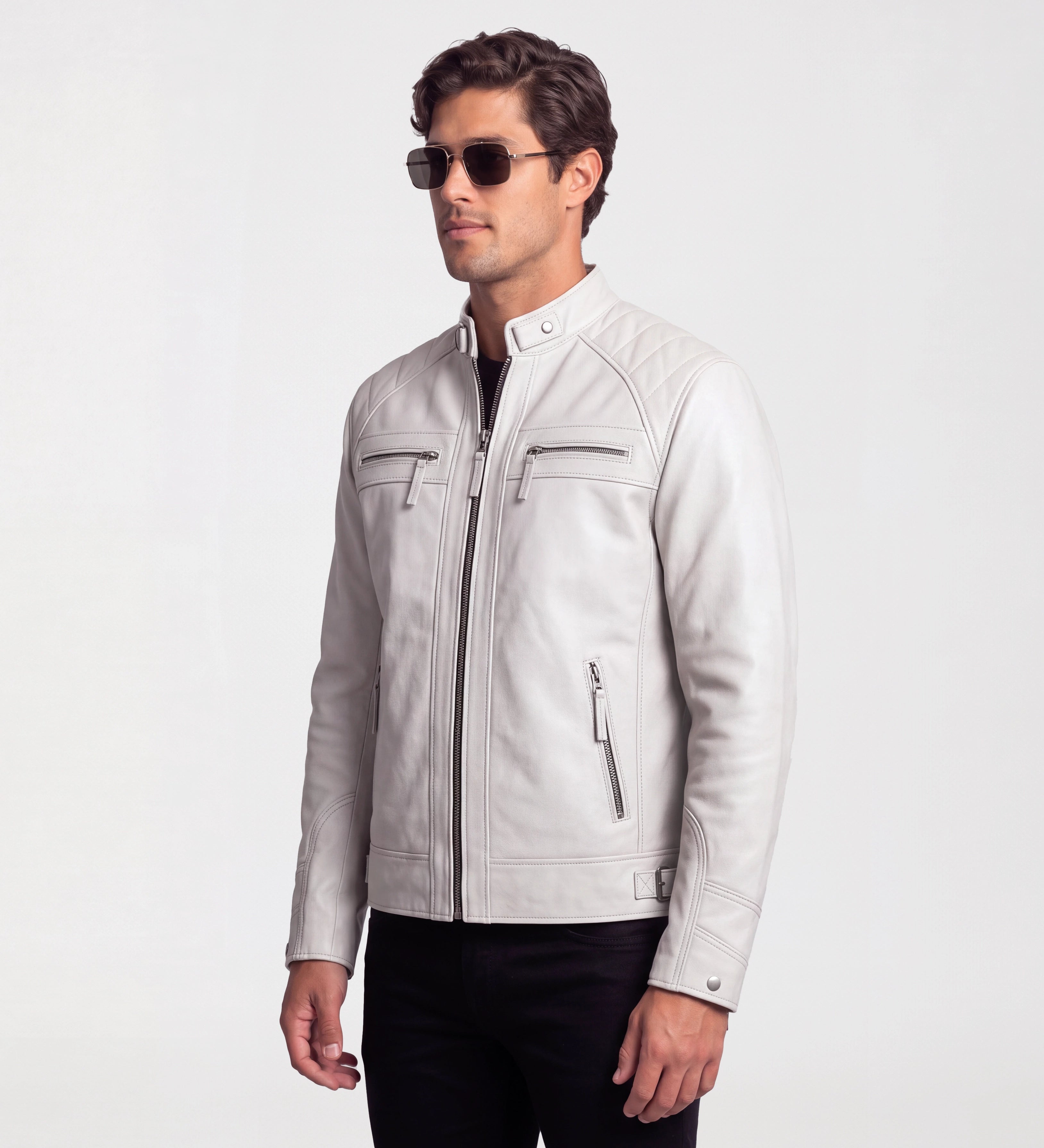 Mens Classic White Leather Cafe Racer Jacket