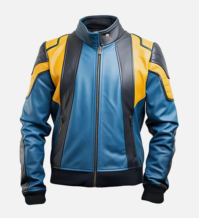 Men’s Blue and Yellow Cafe Racer Bomber Leather Jacket