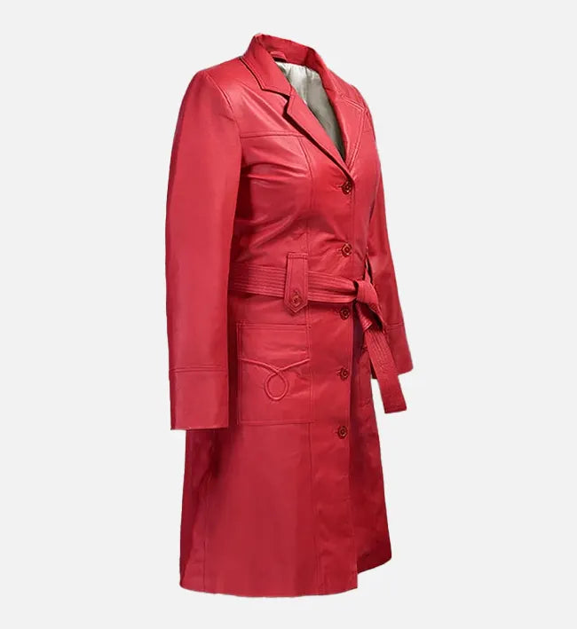 Women's Raspberry Red Leather Long Coat