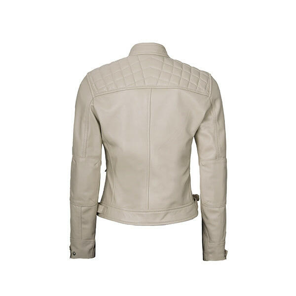 Women's Beige Diamond Cafe Racer Leather Jacket