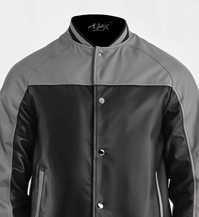 Men’s Grey Black Leather Varsity Jacket