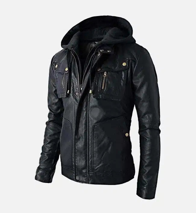 Men’s Detachable Hoodie Black Biker Leather Jacket