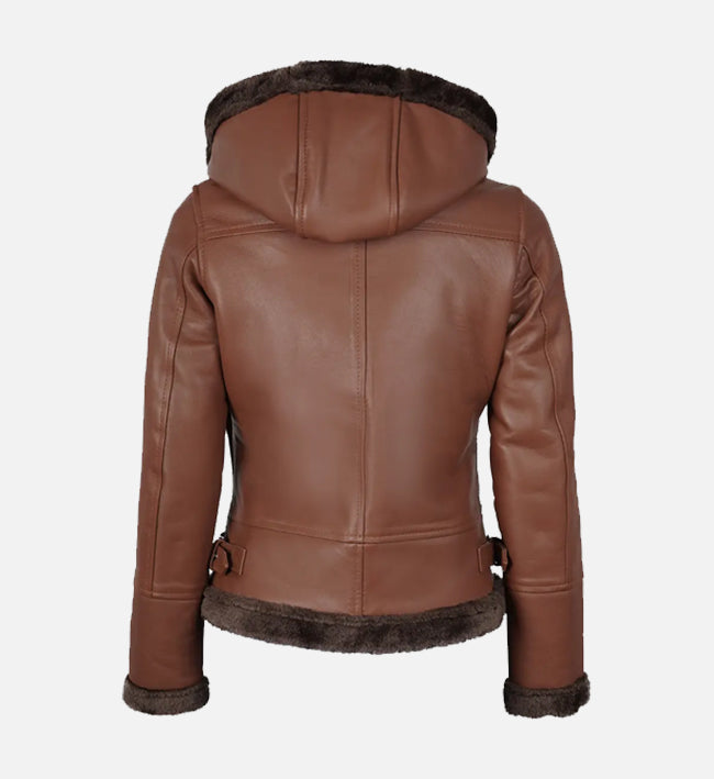 Women's Cognac Brown Leather Hooded Shearling Jacket