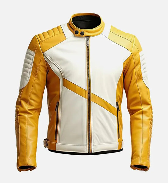 Men's Yellow White Quilted Cafe Racer Leather Jacket